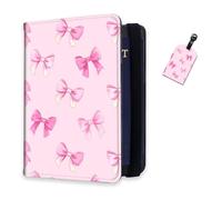 DISUOFEART RFID Passport Holder for Travel with Luggage Tags, PU Leather Passport Wallet with Multiple Card Slots, Travel Passport Case for Men & Women-8, Cute Pink Bow, Art Deco