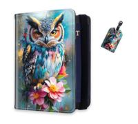 DISUOFEART RFID Passport Holder for Travel with Luggage Tags, PU Leather Passport Wallet with Multiple Card Slots, Travel Passport Case for Men & Women-20, Vibrant Owl with Pink Flowers, Art Deco