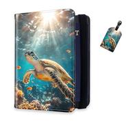 DISUOFEART RFID Passport Holder for Travel with Luggage Tags, PU Leather Passport Wallet with Multiple Card Slots, Travel Passport Case for Men & Women-21, Sea Turtle Foraging Coral Reef, Art Deco