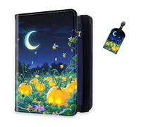 DISUOFEART RFID Passport Holder for Travel with Luggage Tags, PU Leather Passport Wallet with Multiple Card Slots, Travel Passport Case for Men & Women-8, Glowing Yellow Pumpkins, Art Deco