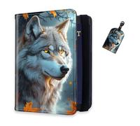 DISUOFEART RFID Passport Holder for Travel with Luggage Tags, PU Leather Passport Wallet with Multiple Card Slots, Travel Passport Case for Men & Women-25, Wolf in Autumn with Falling Leaves, Art Deco