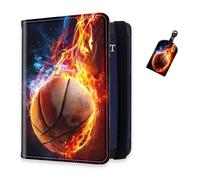 DISUOFEART RFID Passport Holder for Travel with Luggage Tags, PU Leather Passport Wallet with Multiple Card Slots, Travel Passport Case for Men & Women-8, Basketball on Fire, Art Deco