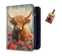 DISUOFEART RFID Passport Holder for Travel with Luggage Tags, PU Leather Passport Wallet with Multiple Card Slots, Travel Passport Case for Men & Women-29, Highland Cow Surrounded by Red Roses, Art