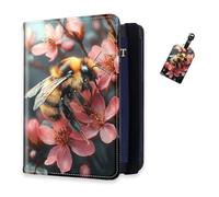 DISUOFEART RFID Passport Holder for Travel with Luggage Tags, PU Leather Passport Wallet with Multiple Card Slots, Travel Passport Case for Men & Women-28, Bumblebee on Pink Blossoms, Art Deco