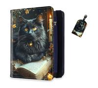 DISUOFEART RFID Passport Holder for Travel with Luggage Tags, PU Leather Passport Wallet with Multiple Card Slots, Travel Passport Case for Men & Women-29, Black Cat on Open Book by Candlelight, Art