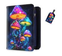 DISUOFEART RFID Passport Holder for Travel with Luggage Tags, PU Leather Passport Wallet with Multiple Card Slots, Travel Passport Case for Men & Women-16, Neon Glowing Mushrooms at Night, Art Deco