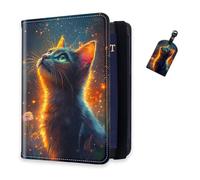 DISUOFEART RFID Passport Holder for Travel with Luggage Tags, PU Leather Passport Wallet with Multiple Card Slots, Travel Passport Case for Men & Women-24, Cat in Starry Glow with Fireflies, Art Deco