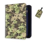 DISUOFEART RFID Passport Holder for Travel with Luggage Tags, PU Leather Passport Wallet with Multiple Card Slots, Travel Passport Case for Men & Women-5, Camouflage Pattern with Green, Art Deco