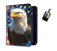 DISUOFEART RFID Passport Holder for Travel with Luggage Tags, PU Leather Passport Wallet with Multiple Card Slots, Travel Passport Case for Men & Women-28, Bald Eagle American Flag Background, Art