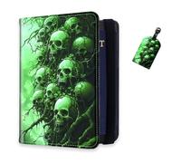 DISUOFEART RFID Passport Holder for Travel with Luggage Tags, PU Leather Passport Wallet with Multiple Card Slots, Travel Passport Case for Men & Women-23, Green Skulls Enwrapped in Vines, Art Deco