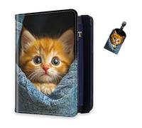DISUOFEART RFID Passport Holder for Travel with Luggage Tags, PU Leather Passport Wallet with Multiple Card Slots, Travel Passport Case for Men & Women-23, Ginger Kitten Denim Pocket Peeking, Art Deco
