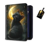 DISUOFEART RFID Passport Holder for Travel with Luggage Tags, PU Leather Passport Wallet with Multiple Card Slots, Travel Passport Case for Men & Women-27, Black Cat Under Crescent Moon, Art Deco