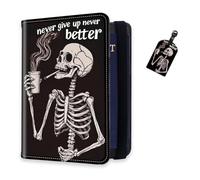 DISUOFEART RFID Passport Holder for Travel with Luggage Tags, PU Leather Passport Wallet with Multiple Card Slots, Travel Passport Case for Men & Women-1, Skeleton Holding a Cup, Art Deco