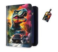 DISUOFEART RFID Passport Holder for Travel with Luggage Tags, PU Leather Passport Wallet with Multiple Card Slots, Travel Passport Case for Men & Women-23, Colorful T-Rex Chasing Red Truck, Art Deco