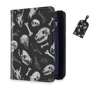 DISUOFEART RFID Passport Holder for Travel with Luggage Tags, PU Leather Passport Wallet with Multiple Card Slots, Travel Passport Case for Men & Women-7, Animal Bones and Skulls, Art Deco