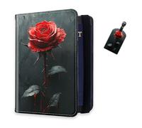 DISUOFEART RFID Passport Holder for Travel with Luggage Tags, PU Leather Passport Wallet with Multiple Card Slots, Travel Passport Case for Men & Women-19, Bloody Red Rose on Dark Background, Art Deco