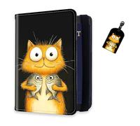 DISUOFEART RFID Passport Holder for Travel with Luggage Tags, PU Leather Passport Wallet with Multiple Card Slots, Travel Passport Case for Men & Women-8, Cute Ginger Cat Hold Fish, Art Deco