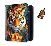 DISUOFEART RFID Passport Holder for Travel with Luggage Tags, PU Leather Passport Wallet with Multiple Card Slots, Travel Passport Case for Men & Women-7, Tiger Colorful Tropical Flower, Art Deco