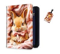DISUOFEART RFID Passport Holder for Travel with Luggage Tags, PU Leather Passport Wallet with Multiple Card Slots, Travel Passport Case for Men & Women-19, Bunny in Pink Bow & Fabric Nest, Art Deco