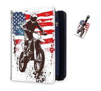 DISUOFEART RFID Passport Holder for Travel with Luggage Tags, PU Leather Passport Wallet with Multiple Card Slots, Travel Passport Case for Men & Women-8, Motocross with an American Flag, Art Deco