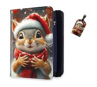 DISUOFEART RFID Passport Holder for Travel with Luggage Tags, PU Leather Passport Wallet with Multiple Card Slots, Travel Passport Case for Men & Women-23, Squirrel in Santa Hat Amid Snow, Art Deco