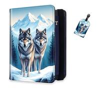 DISUOFEART RFID Passport Holder for Travel with Luggage Tags, PU Leather Passport Wallet with Multiple Card Slots, Travel Passport Case for Men & Women-12, Pair of Wolves in Snowy Mountains, Art Deco