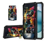 DISUOFEART Wallet Case for Samsung Galaxy A13 5G with Card Holder Stand, Slim Dual Layer Shockproof Protective Phone Cover with Kickstand Full Body Protection, Colorful T-Rex Chasing Red Truck