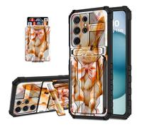 DISUOFEART Wallet Case for Samsung Galaxy S21 Ultra with Card Holder Stand, Slim Dual Layer Shockproof Protective Phone Cover with Kickstand Full Body Protection, Orange Bunny with Pink Bow on Fabric