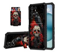 DISUOFEART Wallet Case for Samsung Galaxy S23 Ultra with Card Holder Stand, Slim Dual Layer Shockproof Protective Phone Cover with Kickstand Full Body Protection, Raven on Skull with Red Flames