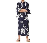 Dita Tokyoin Traditional Made In Japan Cotton Yukata Robe (Japanese Pajama Kimono) Easy Wearing set2, Navy & Happy Mean Kanji, XXL