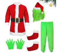 Ditip Green Santa Claus Costume Adult Green Monster Furry Christmas Costumes for Men Women Cosplay Outfit with Mask, Green, XL
