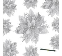 DITK-U 12 Artificial Flowers Glitter Poinsettia Christmas Decoration Silver | Xmas Tree Ornaments for Wedding Tree New Year Ornaments Xmas Garland Wreath Decorations