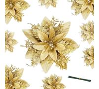 DITK-U 12pcs Artificial Flowers Glitter Poinsettia Christmas Decorations Xmas Tree Ornaments for Wedding Tree New Year Ornaments Xmas Garland Wreath Decorations(Gold)