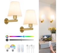 Ditoon Battery Operated Wall Lights Set of 2, Rechargeable Wireless Sconces with Remote & 15 Colors, Gold Indoor Linen Fabric Wall Lights for Bedroom, Living Room, Hallway