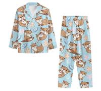 Ditosant Cute Pjs Long Sleeve Outfits Sea Otter Pjs Sleep Set for Women Animal Pajamas Overnight Party Button Up V-Neck Pajama for Woman Plus Size Soft Cozy Pj Matching Lounge Sets