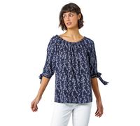 Roman Originals Bardot Top Off Shoulder Blouse for Women UK - Ladies Floral Print Shirt Palm Leaf Tropical Ditsy Cold Shoulder Jersey Frill Cuff Summer Spring Holiday - Navy Blue - Size 12