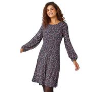 Roman Originals Women Gathered Chest Dress Ladies Stretchy Fit & Flare Swing Tea A Line Skater Knee Length Midi Smart Casual Work Round Neck Going Out Cocktail Party - Navy Ditsy Floral - Size 10