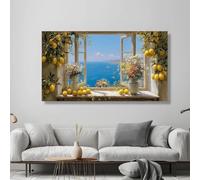 Dittelle Canvas Mediterranean Sea View, Wall Art Open Window, Lemon Tree And Flower Still Life, Coastal Home Living Room Decor(70x145cm/Frameless)