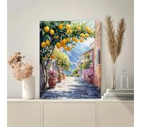 Dittelle Canvas Wall Art Prints- Amalfi Coast Italy Positano Watercolor Painting with Lemon Tree & Coastal Cityscape, Italian(30x40cm/Frameless)