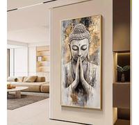 Dittelle Gold Textured Praying Buddha Canvas Wall Print, Grey Stone-Effect Zen Spiritual Wall Art, for Yoga Home Decoration(40x80cm/ Frameless)
