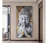 Dittelle Gold Textured Praying Buddha Canvas Wall Print, Grey Stone-Effect Zen Spiritual Wall Art, for Yoga Home Decoration(75x150cm/ Frameless)