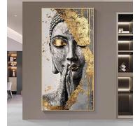 Dittelle Gold Textured Praying Buddha Canvas Wall Print, Grey Stone-Effect Zen Spiritual Wall Art, for Yoga Home Decoration(70x140cm/ Frameless)