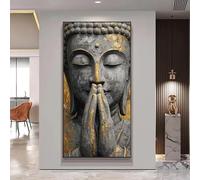 Dittelle Gold Textured Praying Buddha Canvas Wall Print, Grey Stone-Effect Zen Spiritual Wall Art, for Yoga Home Decoration(30x60cm/ Frameless)