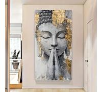 Dittelle Gold Textured Praying Buddha Canvas Wall Print, Grey Stone-Effect Zen Spiritual Wall Art, for Yoga Home Decoration(70x140cm/ Frameless)