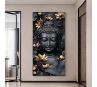 Dittelle Gold Textured Praying Buddha Canvas Wall Print, Grey Stone-Effect Zen Spiritual Wall Art, for Yoga Home Decoration(60x120cm/ Frameless)