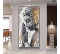 Dittelle Gold Textured Praying Buddha Canvas Wall Print, Grey Stone-Effect Zen Spiritual Wall Art, for Yoga Home Decoration(90x180cm/ Frameless)