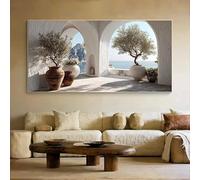 Dittelle Mediterranean Boho Canvas Wall Art Print Olive Tree Pottery Poster for Living Room Home Decor, Coastal Scene with(70x145cm/Frameless)
