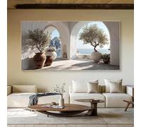 Dittelle Mediterranean Boho Canvas Wall Art Print Olive Tree Pottery Poster for Living Room Home Decor, Coastal Scene with(60x120cm/Internal frame)