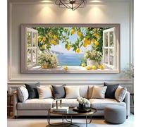 Dittelle Mediterranean Canvas Wall Art, Open Window Lemon Tree Amalfi Coast Sea View Wall Print, for Kitchen Wall Decoration(70x145cm/Frameless)