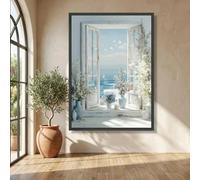 Dittelle Serene Ocean View Through Rustic Window, Floral Vase Canvas Wall Art, Coastal Nature Scene, Butterfly Garden Canvas(30x40cm/Frameless)